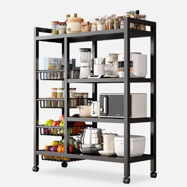 多功能廚房四層三籃落地可移動加厚碳鋼置物架收納架/微波爐架/烤箱架/儲物貨架/書架